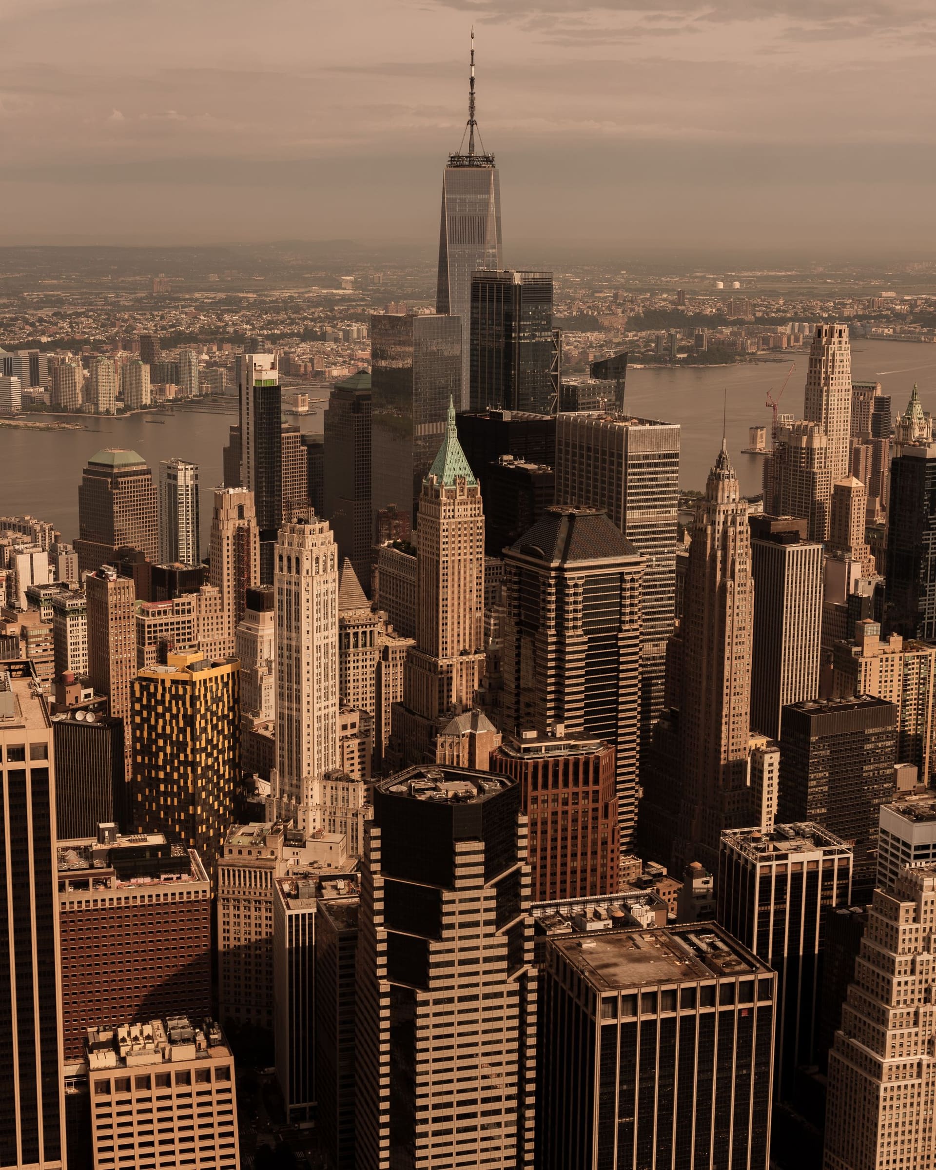 Aerial view of the Manhattan skyline and the Hudson River