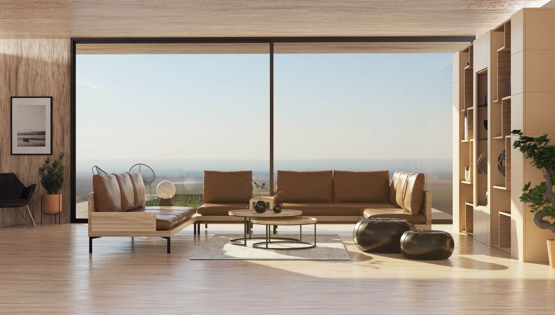 A living room with large glass windows and wooden floors